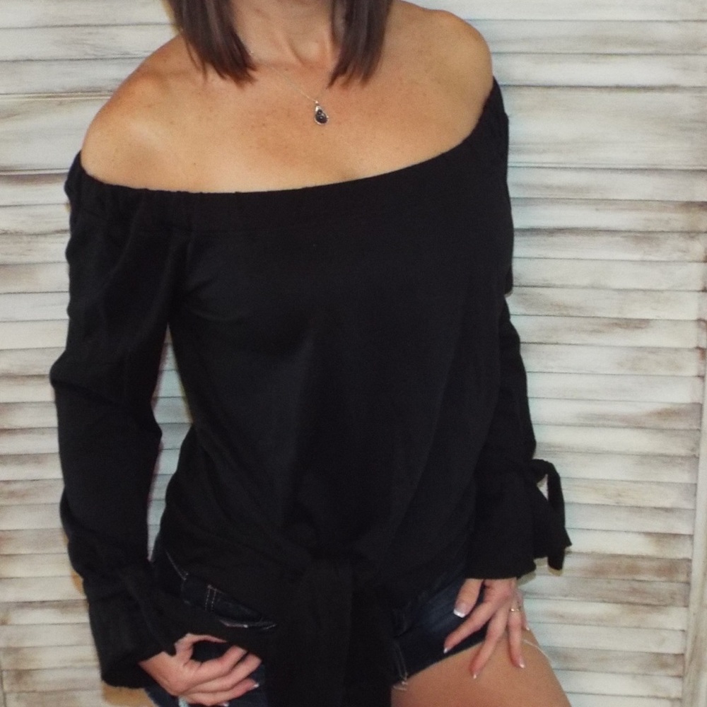 Off Shoulder Tie Sleeve Bell Cuff Black 0118 - Picture 3 of 7